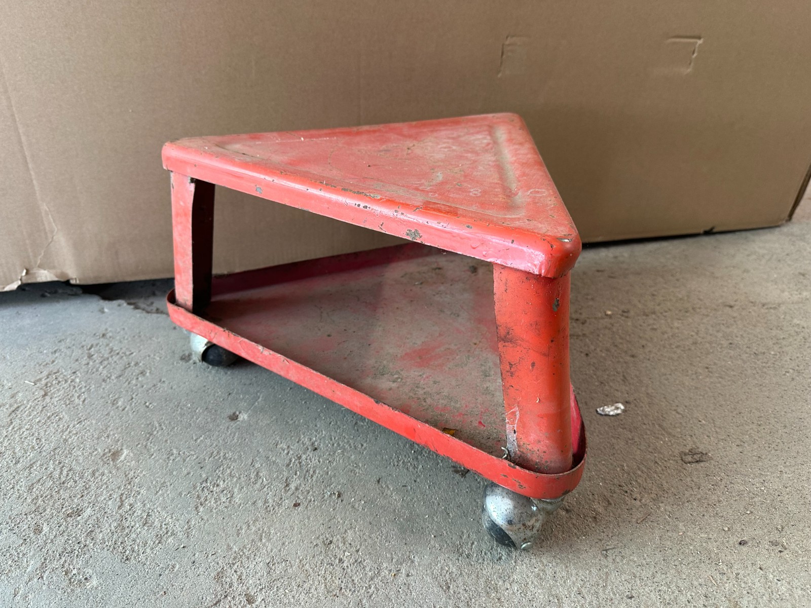 Vintage Red Triangular Mechanic Industrial Rolling Metal Stool on Wheels