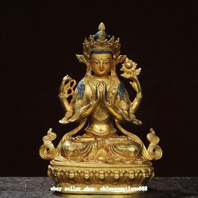 7.8″ Old Nepal Bronze Gild Painting 4 Arms Kwan-yin Chenrezig Buddha Statue