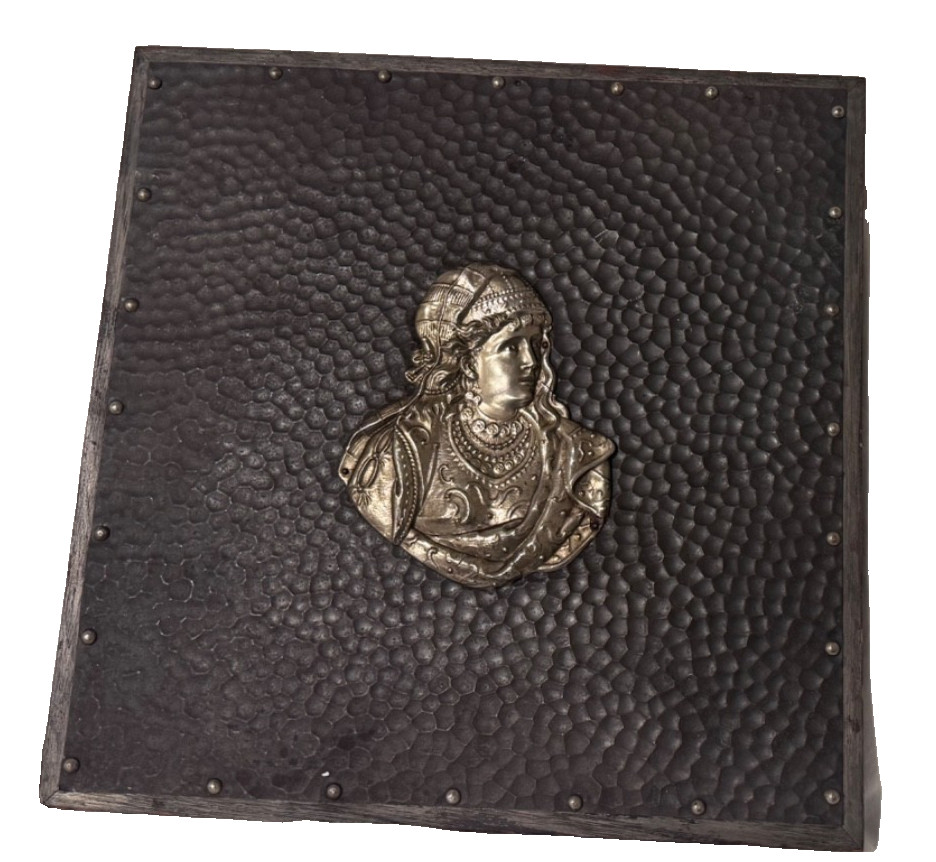 Antique Wall Plaque Hammered Metal Raised Portrait Woman & Mirror Back