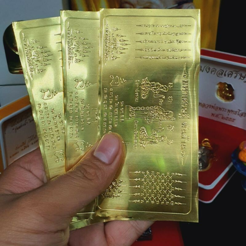 3 Lucky Banknote Mantra Sheet 5 Rows Talisman Gold Plate Thai Buddha Amulet