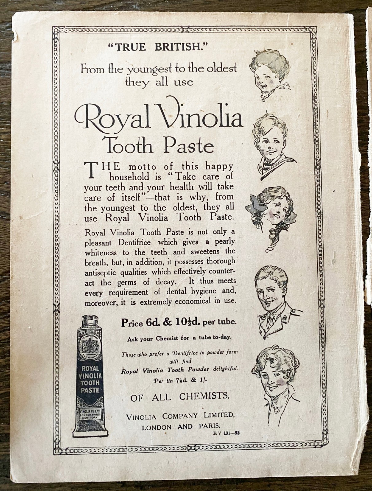 True British Kids Armed w/ ROYAL VINOLIA TOOTH PASTE Antique 1914&1915 Print Ads