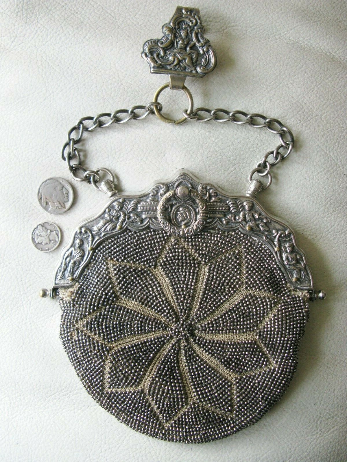 Antique Greek Roman Figural Steel Micro Bead Chatelaine Belt Clip Kilt Purse