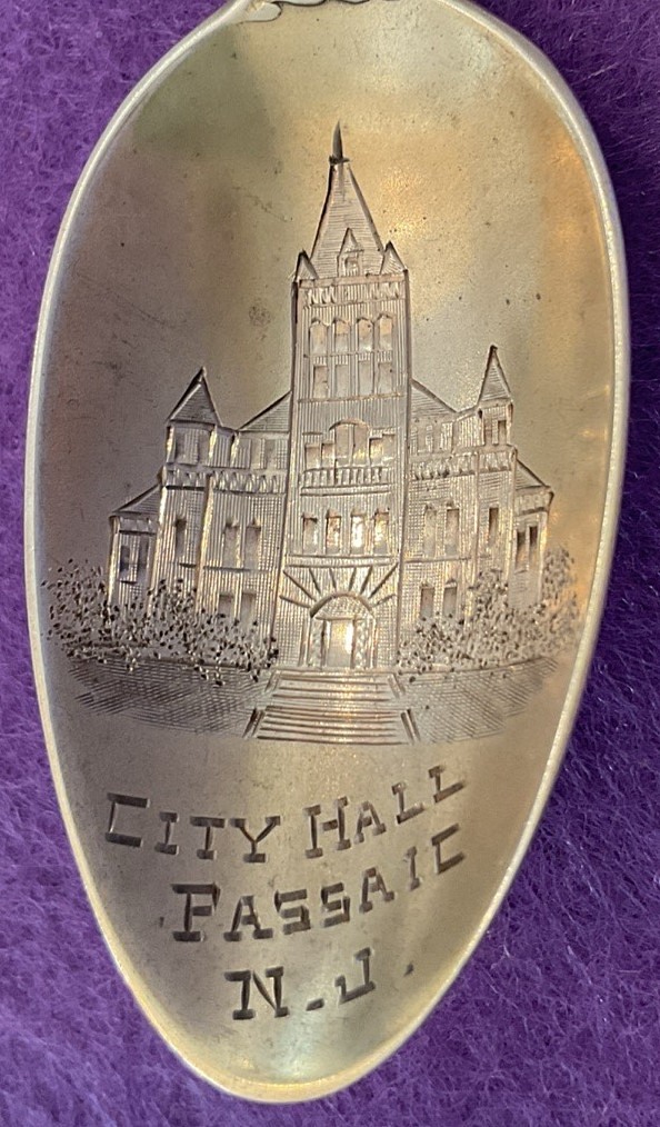 Passaic New Jersey City Hall 5.5″ Gilt Sterling Souvenir Spoon Gorham Poppy 23g