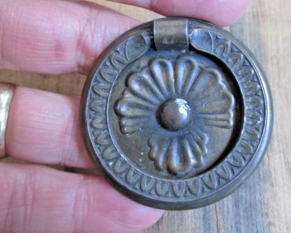 Vintage Floral Drawer Pull Drop Ring Antique Brass Stamped Colonial Hepplewhite