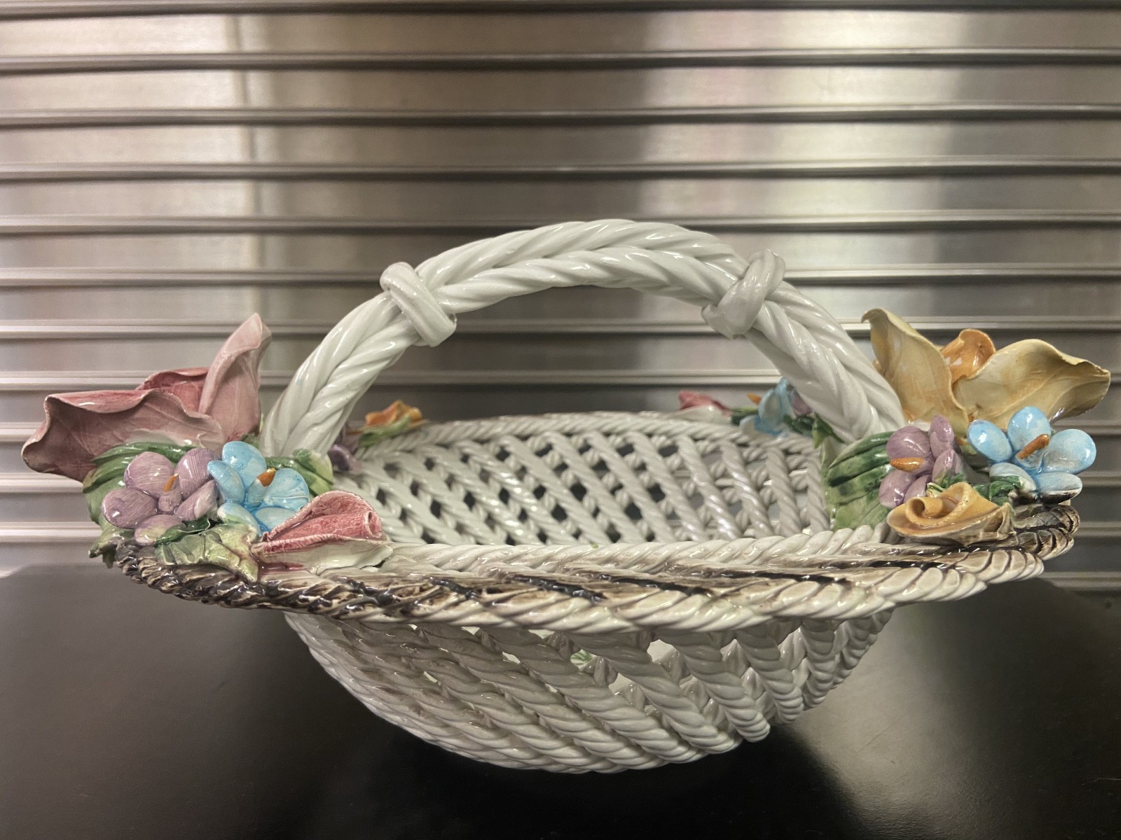 Vintage Capodimonte Porcelain Woven Basket with applied floral details, Made in
