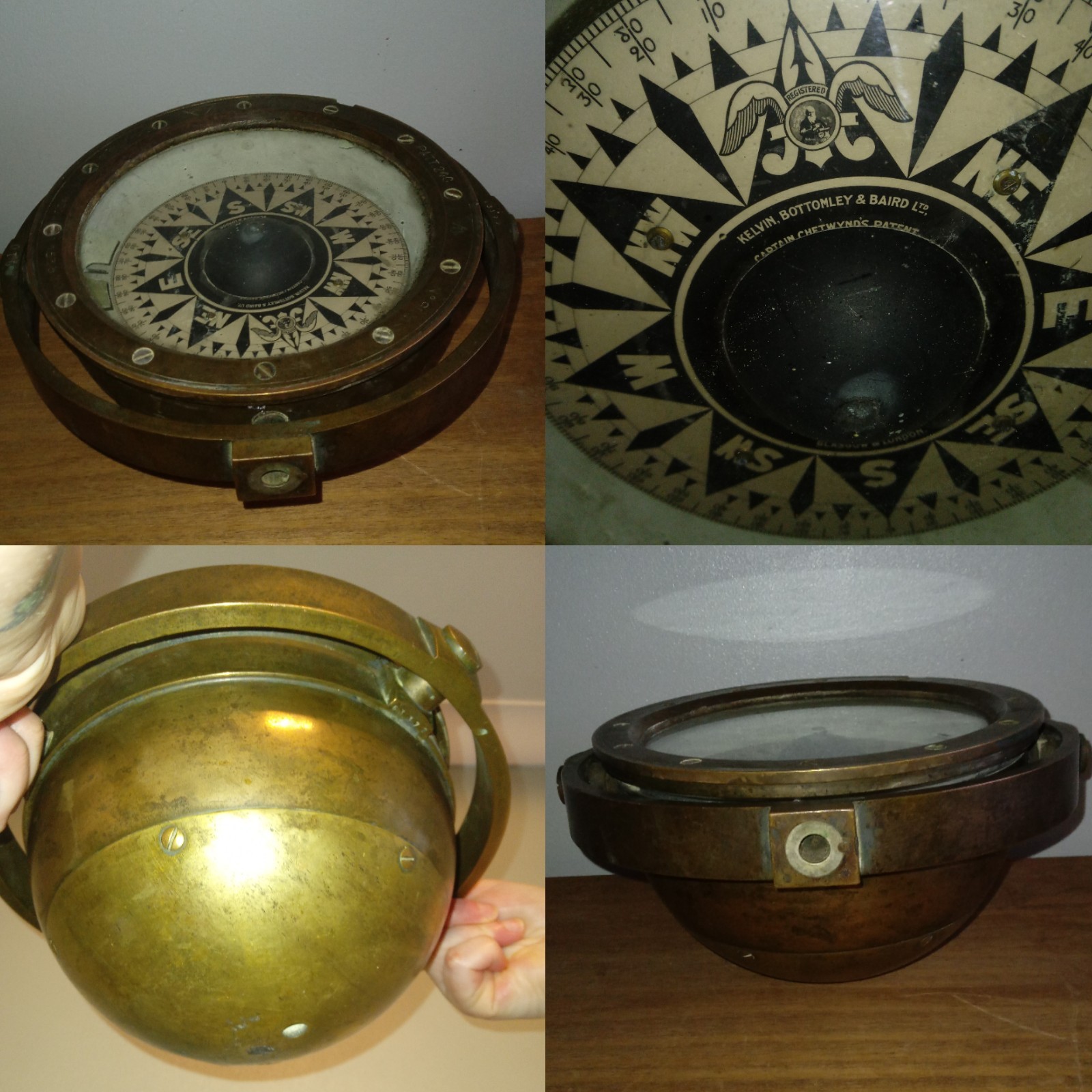 Antique Kelvin Bottomley & Baird maritime Brass Ships Compass Gimbal 7.5kg rare
