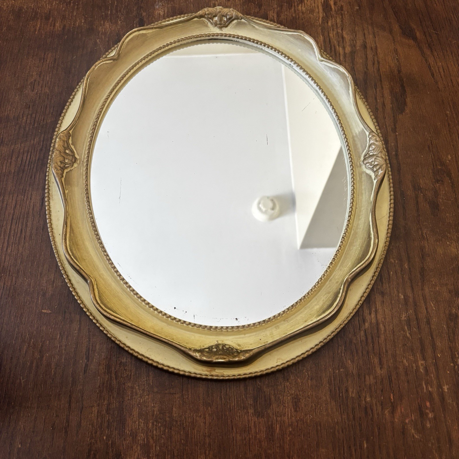 Vintage Oval Ivory And Gold Deposse molded Framed Mirror Ornate 13×17