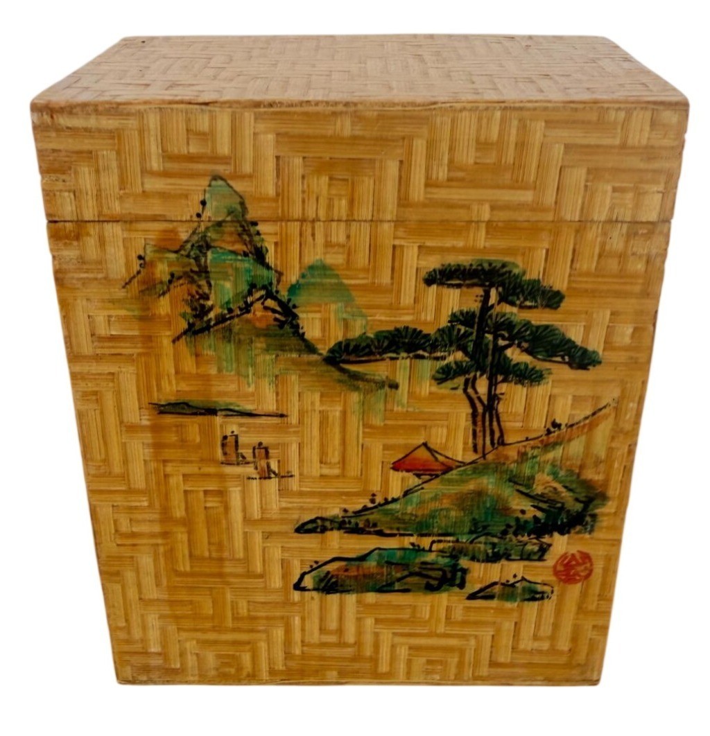 Hand-Painted Vintage Bamboo Tea Storage Box With Chinese Characters & Scenic Art