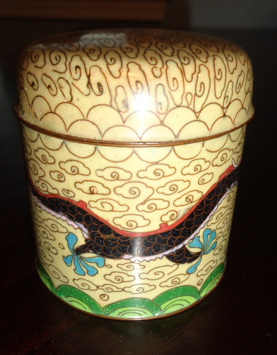 TERRIFIC ANTIQUE CHINESE CLOISONNE ENAMEL METAL CONTAINER/BOX w/DRAGON MOTIF