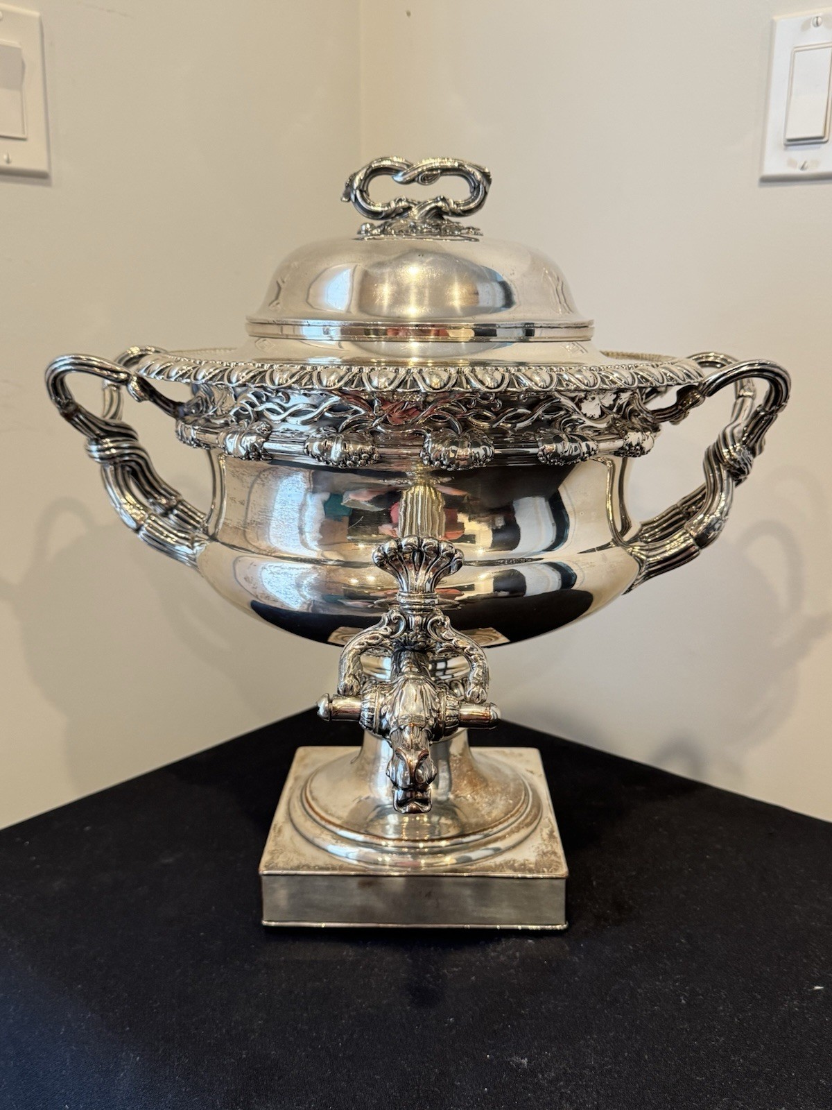 Tea Urn – George IV 1830 Old Sheffield Plated Urn. 16” Ht x 16 W, 17 lbs weight