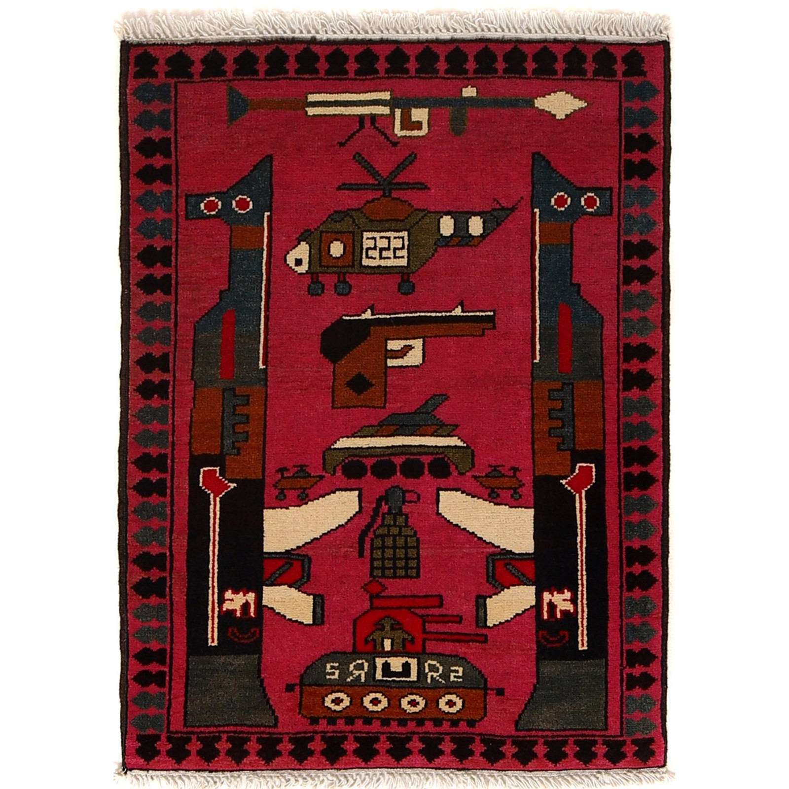 Afghan AK-47 War Carpet Handwoven Tribal Artwork Rug 2.8×2 ft