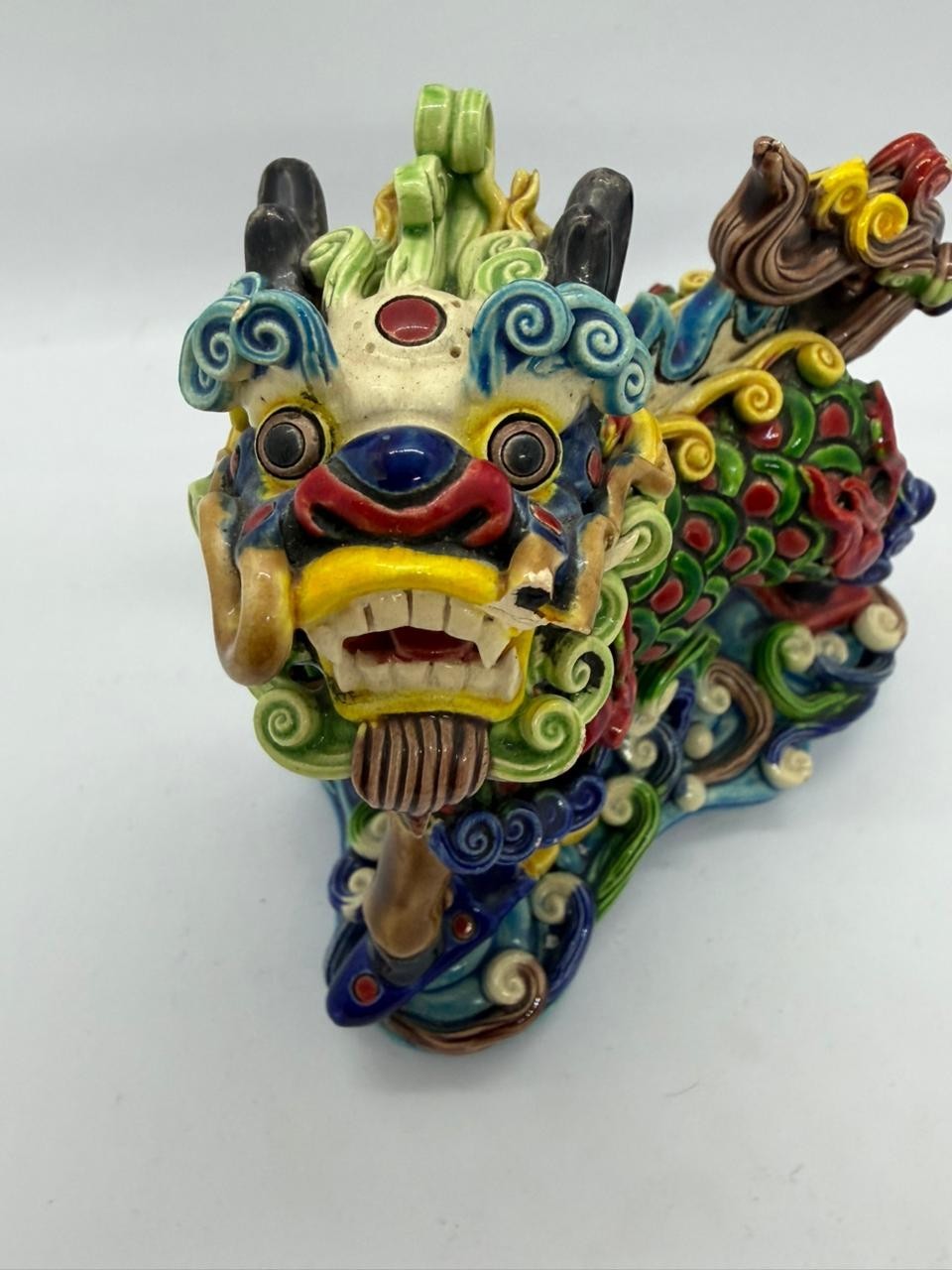 Chinese Qilin Kylin Ceramic Figurine Multicolor Glazed Porcelain Statue Feng Shu