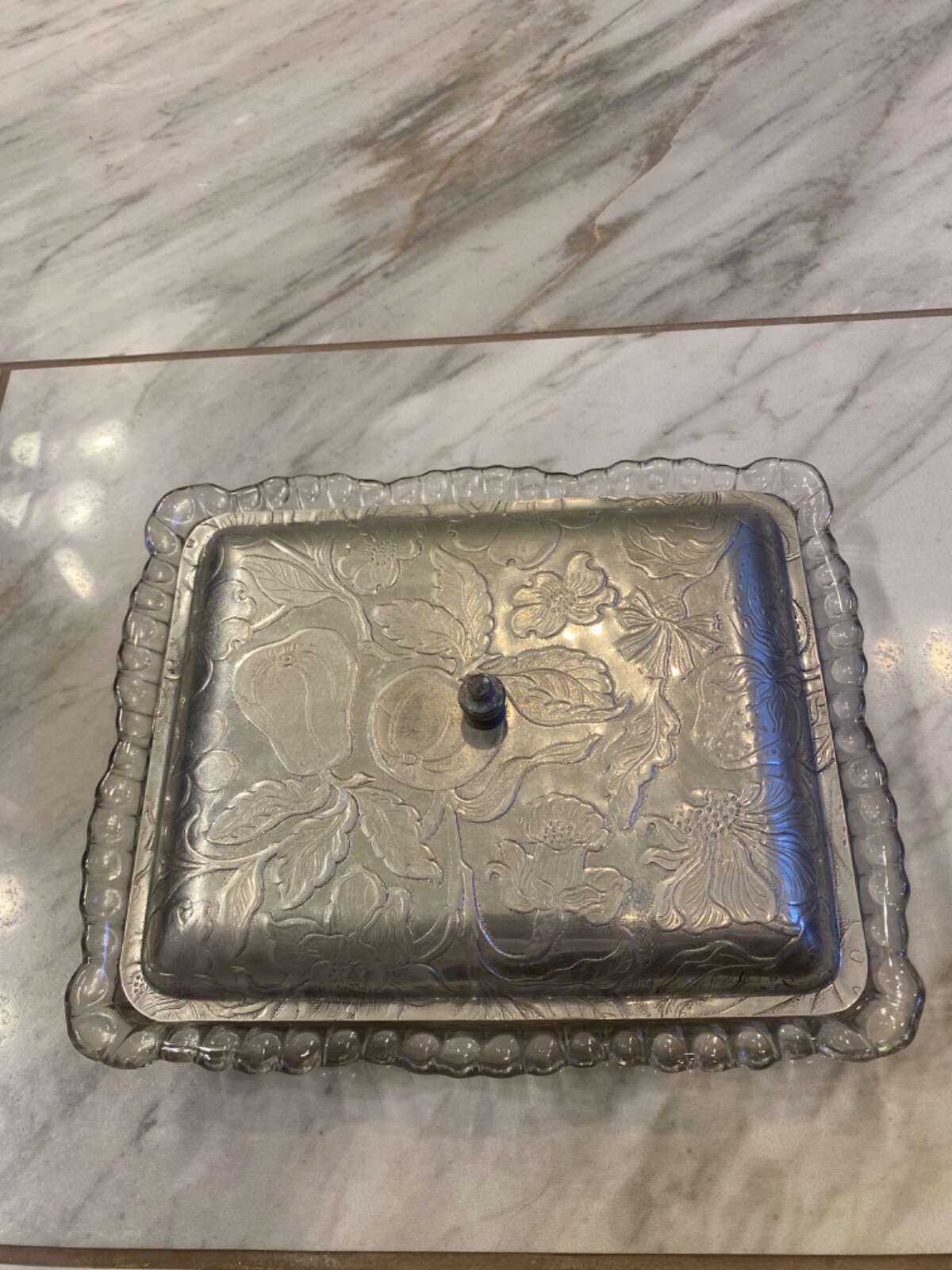 Vintage Glass Relish Tray 3 Sections With Hammered Aluminum Lid