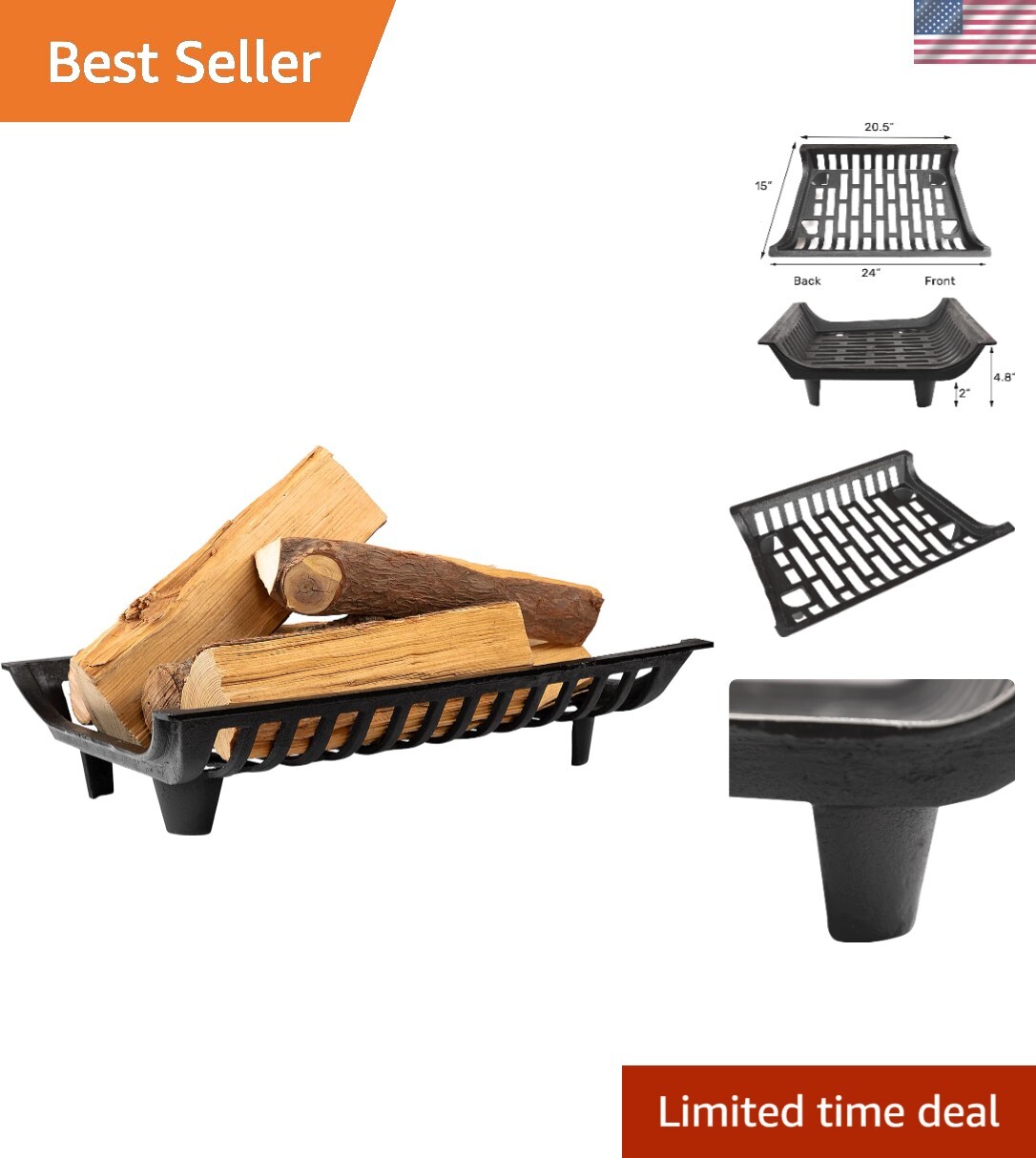 Solid Cast Iron 24-Inch Fire Grate with Powder-Coated Finish for Cozy Fireplaces