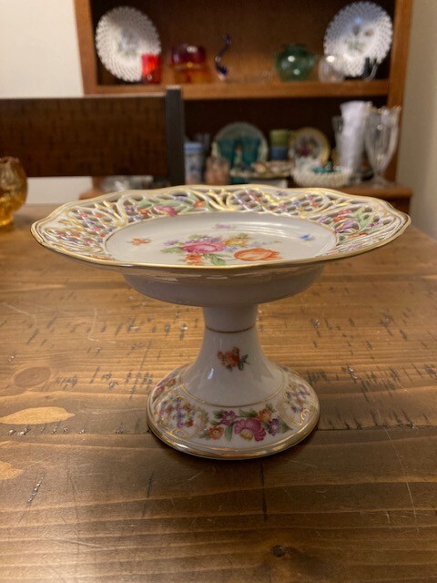 Vintage Schumann Germany Porcelain Chateau Dresden Flowers Reticulated Compote