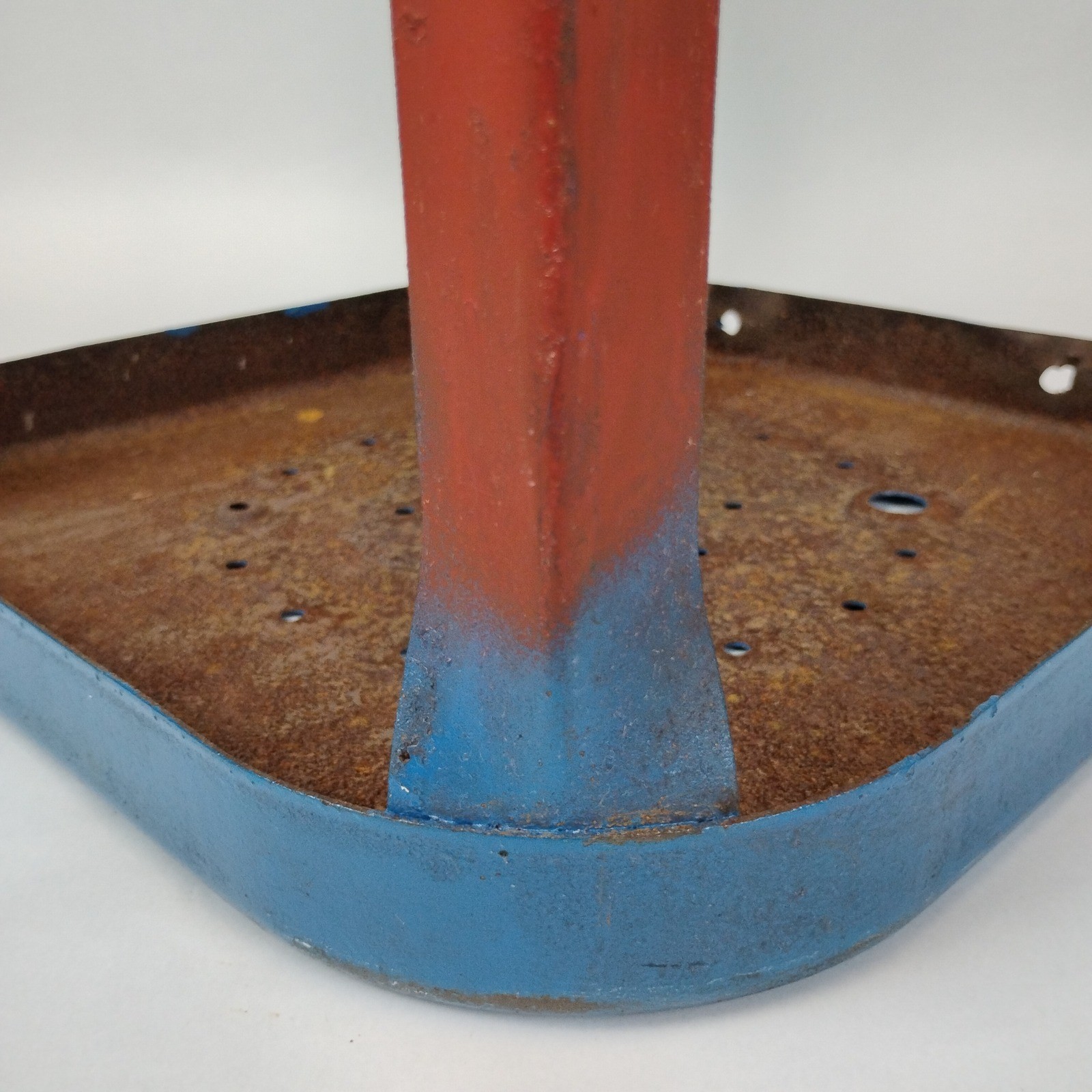 Vintage Industrial Metal Stool Red Blue Perforated Seat 26″ T Mid Century USA