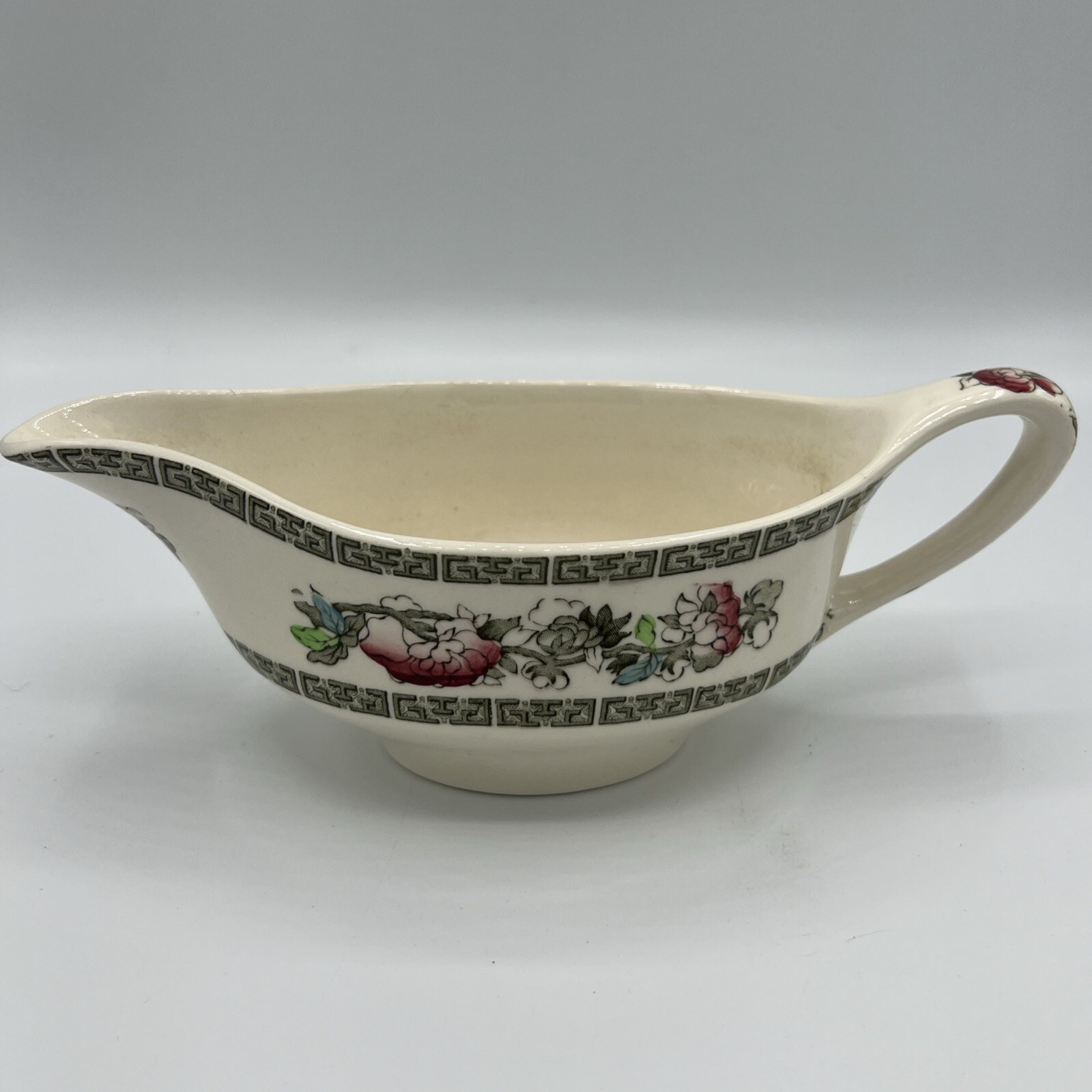 Vintage Johnson Bros. England Indian Tree Gravy Boat Green Key Off White 8.5×3.5