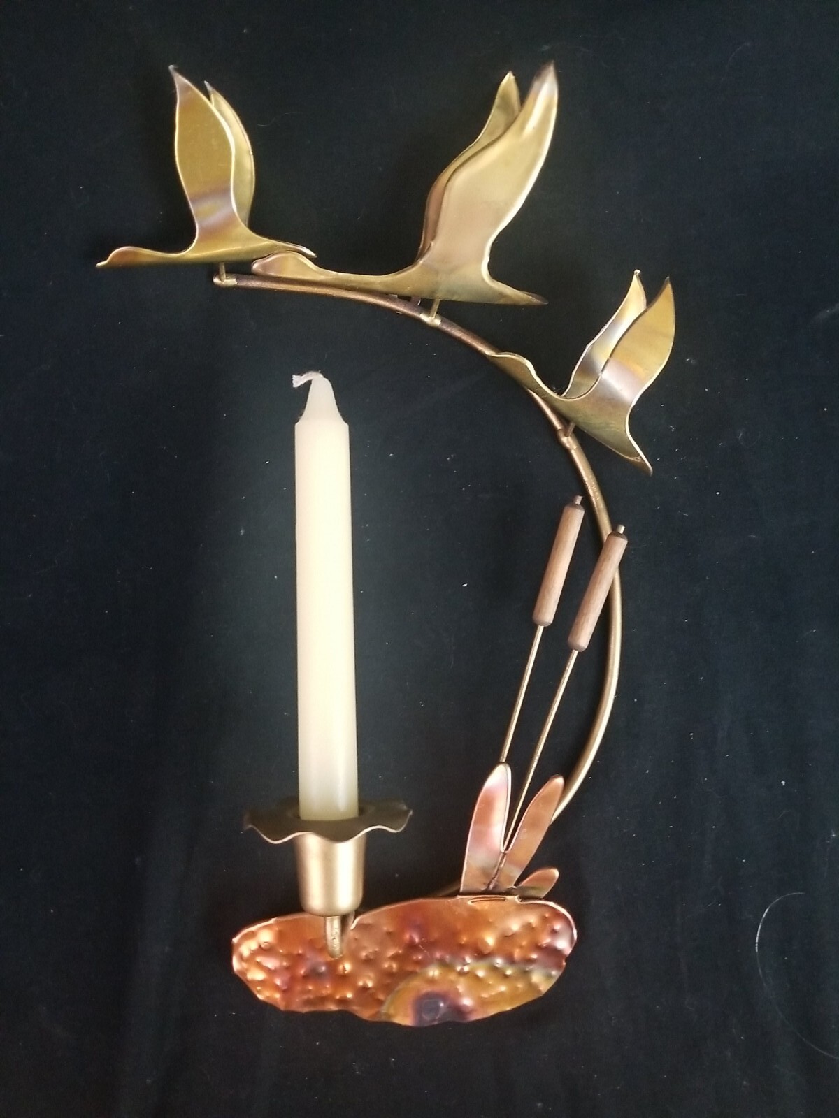 MCM Birds In Flight Metal Sculpture Flying Geese Candleholder w/Cat Tails