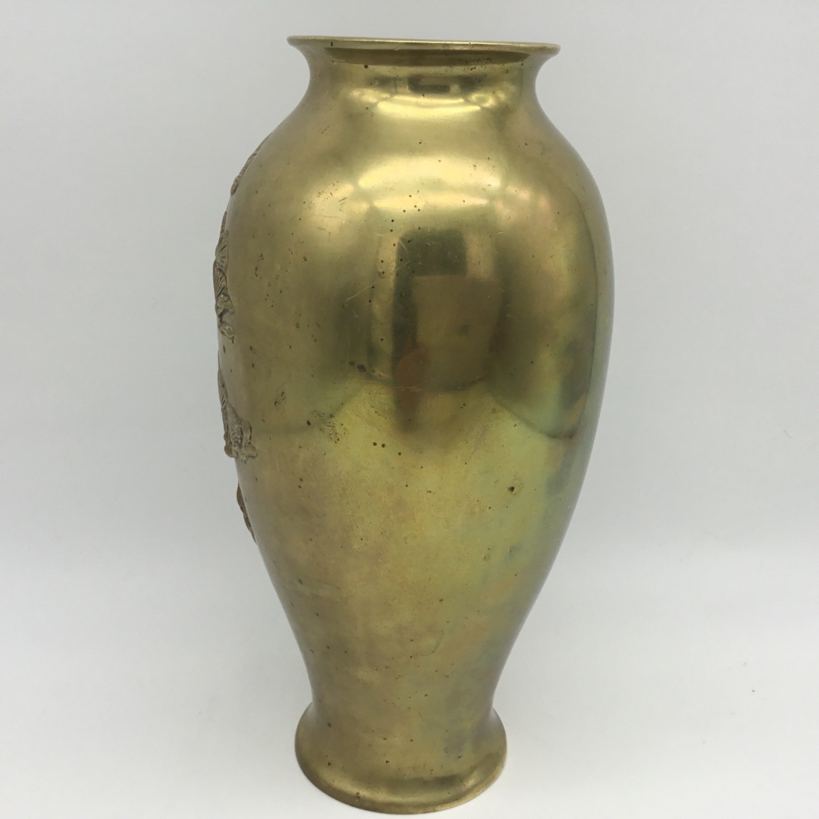 Japanese Brass Vase 9.5” Crane Bonsai Style Pine Tree Bas-relief Patina On Tree