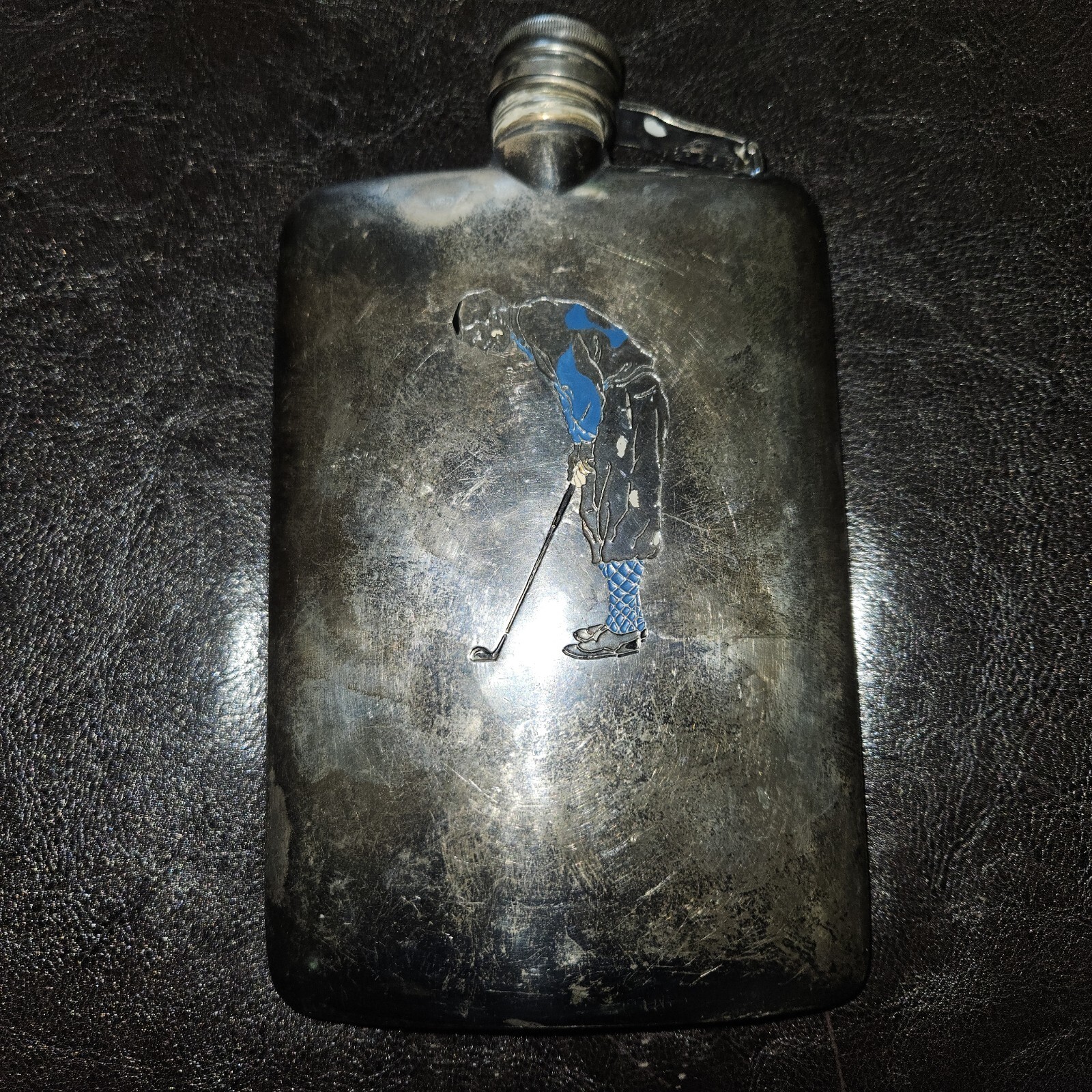 MERIDEN / INTERNATIONAL Enameled Silverplate Lrg Hip Flask Enameled Golfer 1927