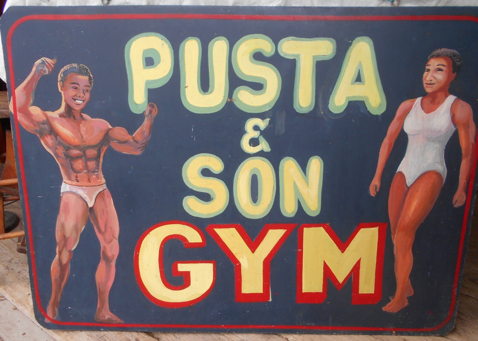 VINTAGE ORIGINAL HAND PAINTED WOODEN ADVERTISING GYM SIGN