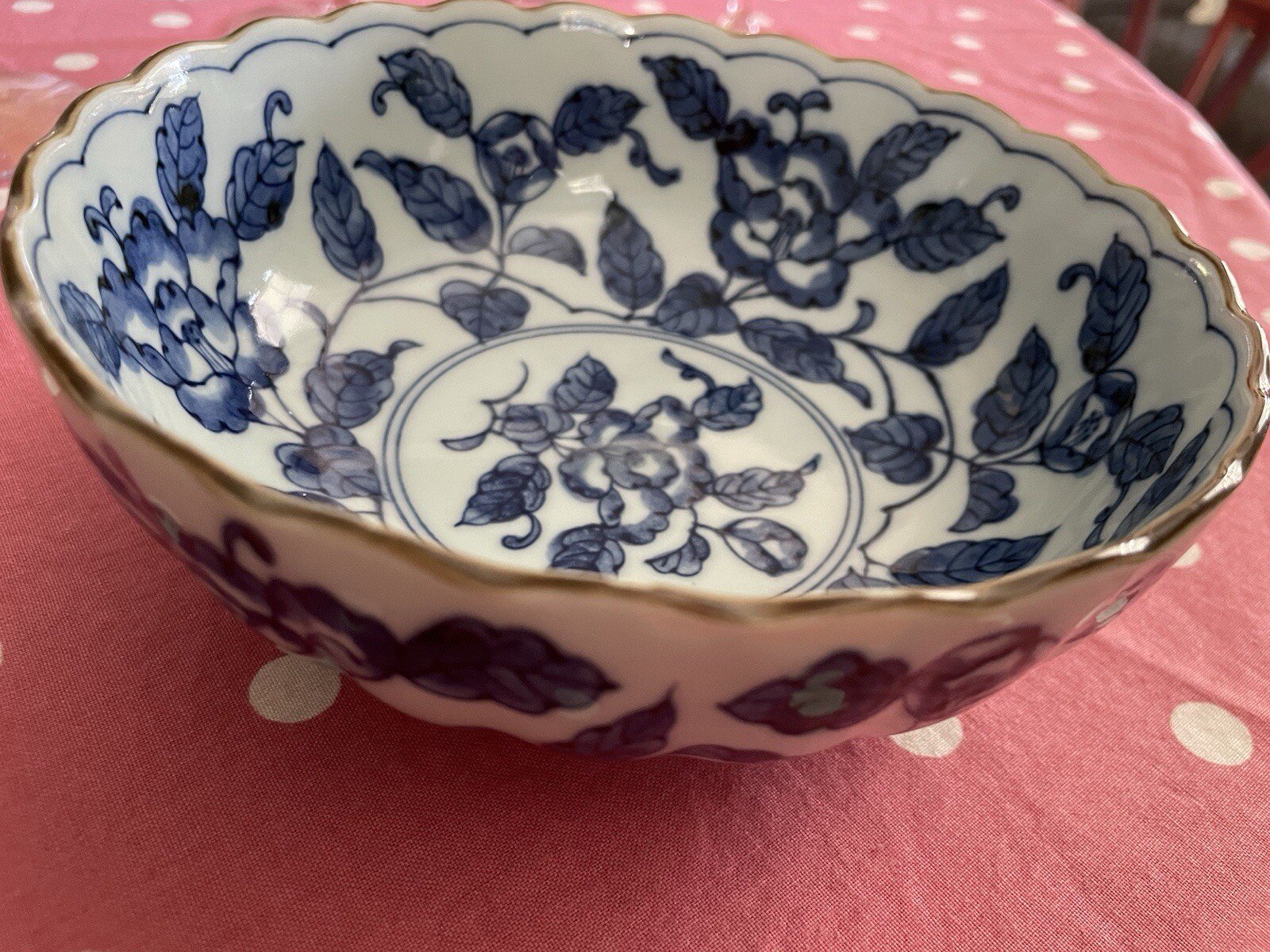 Asian Japan Kobachi Blue White Brown Scalloped Bowl