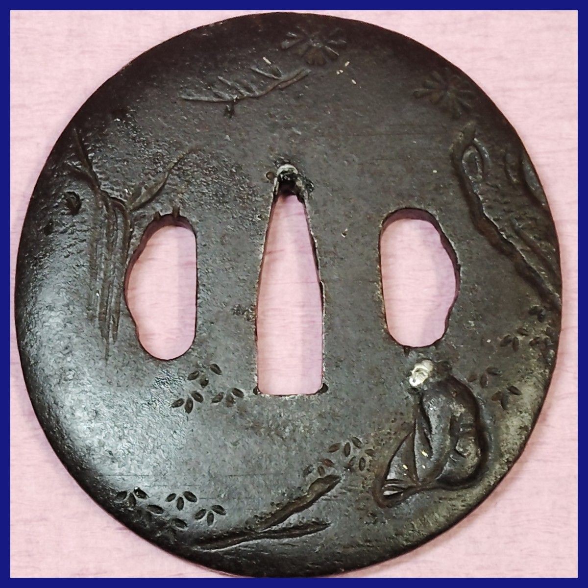 Tsuba Iron Ground Gold Silver Inlay Round Edo Era Hanami Figure Mumei