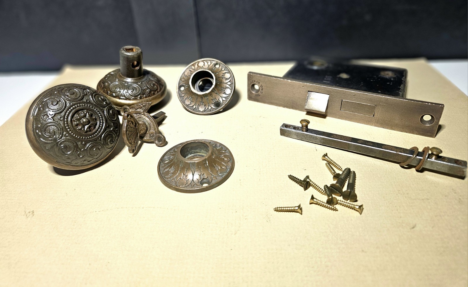 Antique Eastlake Corbin Door Knob Set Latch Escutions Turnkey Screws Bronze Iron