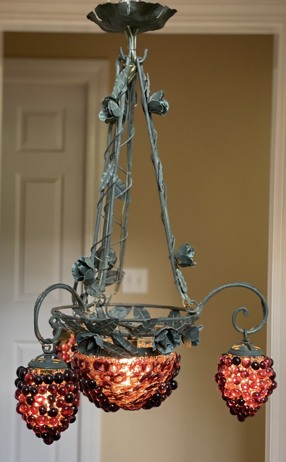 MURANO Amethyst Fruit Grape Cluster Chandelier Wrought Iron Venetian Art Nouveau