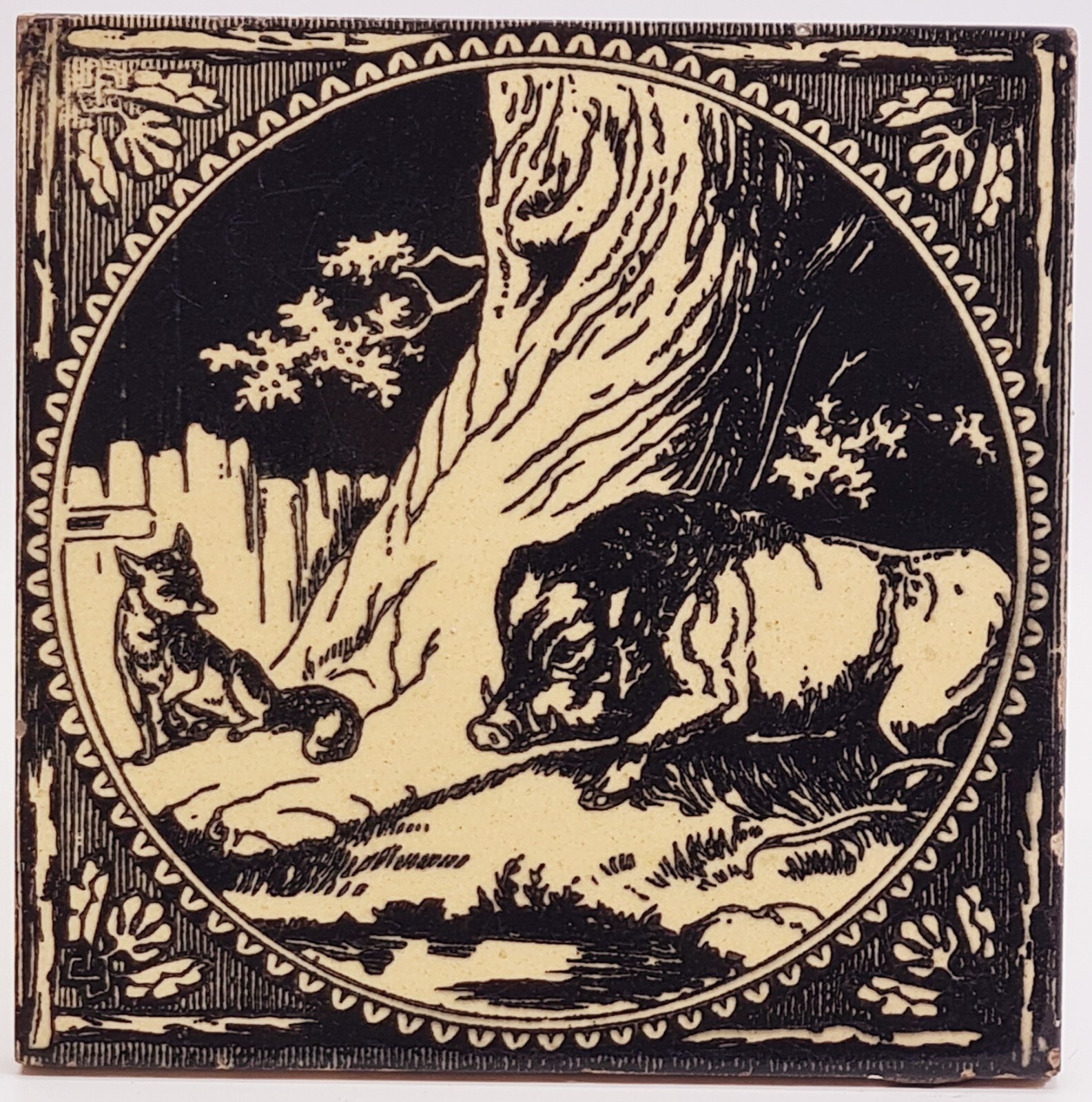 Aesops Fables Tile – The Boar and The Fox – Black – Minton Hollins & Co C 1875