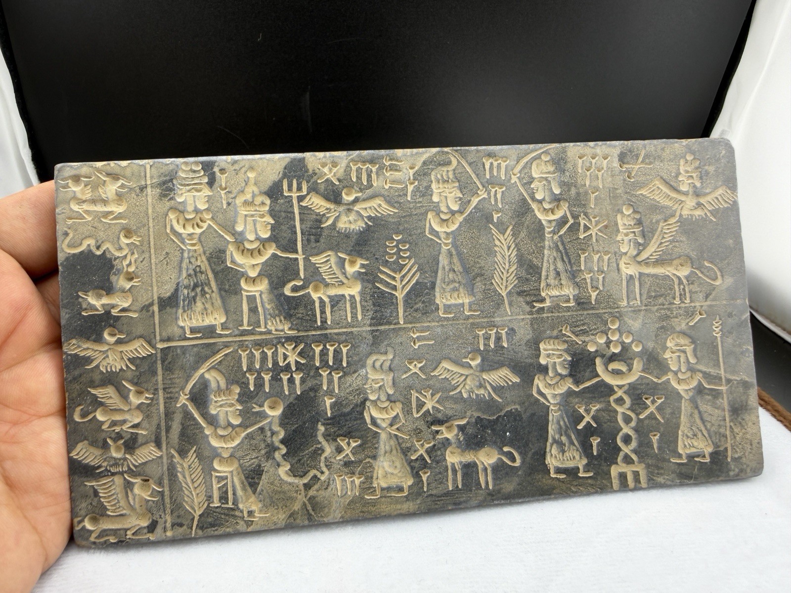 Old Near Eastern Carved Stone Tablet Winged Figures Cuneiforme Scene