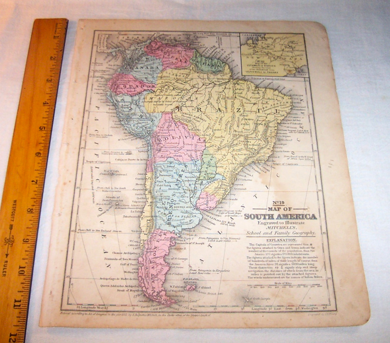 1852 Antique Map South America Venezuela Brazil Panama Gold Railroad Colombia