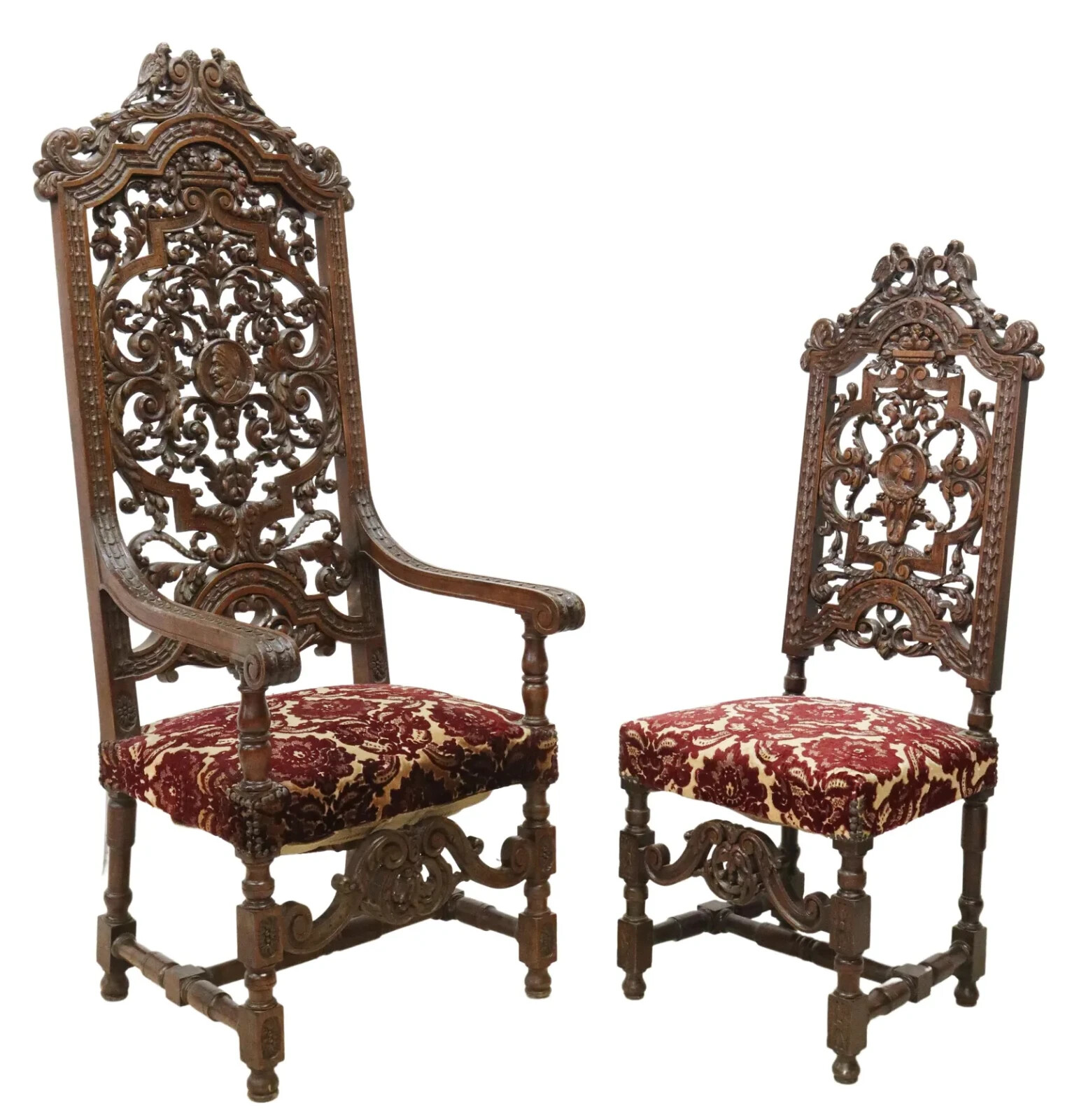 Antique Chairs, Highback, (2) Spanish, Highly Carved, Upholstered, 1800s!