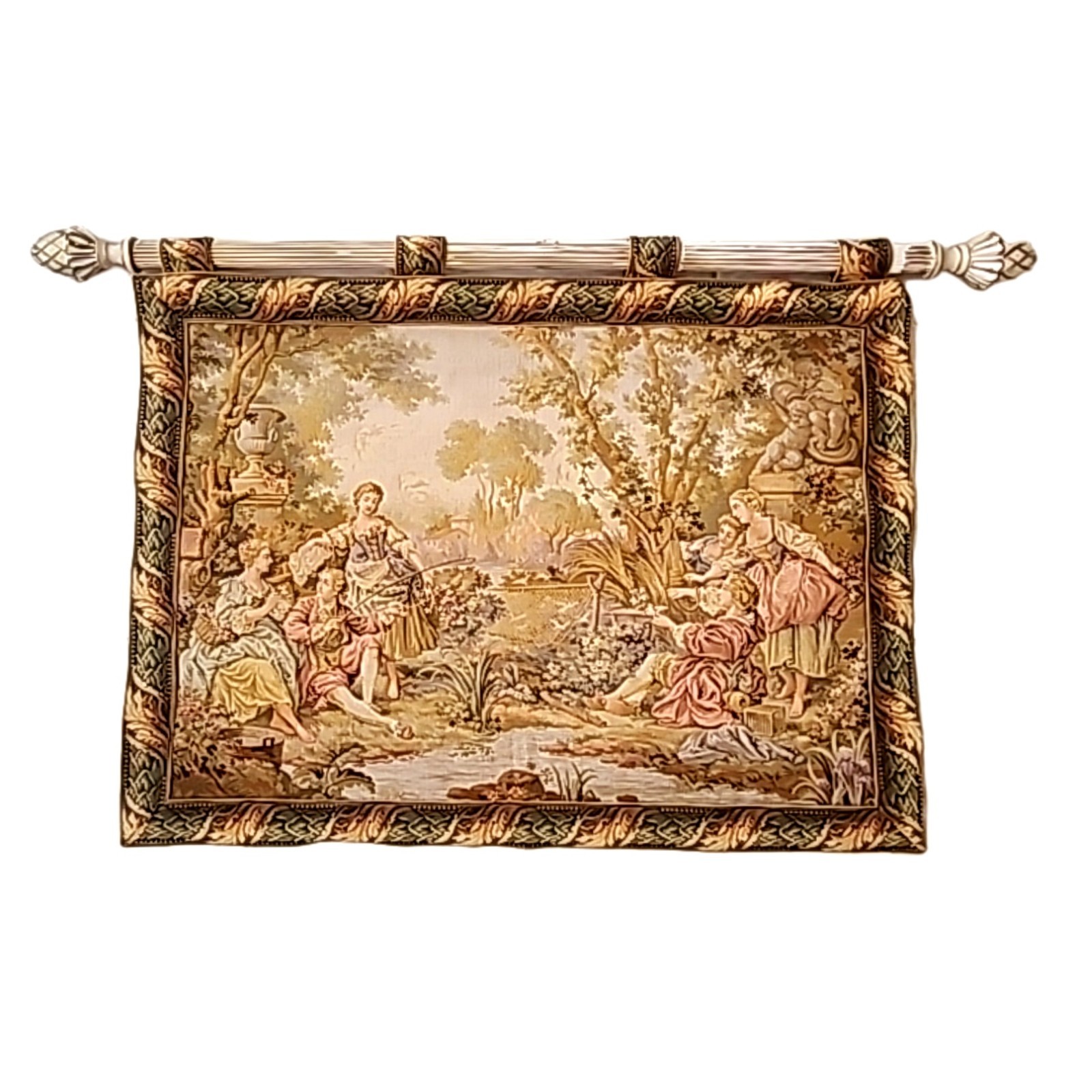 French Vintage Romantic Landscape Tapestry With White Gold Rod Wall Decor Pink