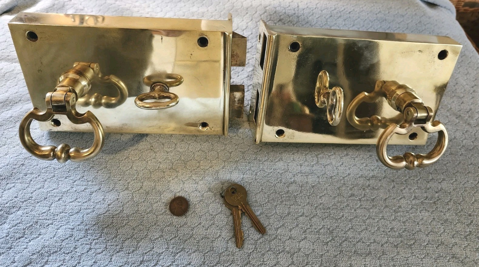 Russwin Exterior Brass Colonial Revival Rim Lock RH Double Door