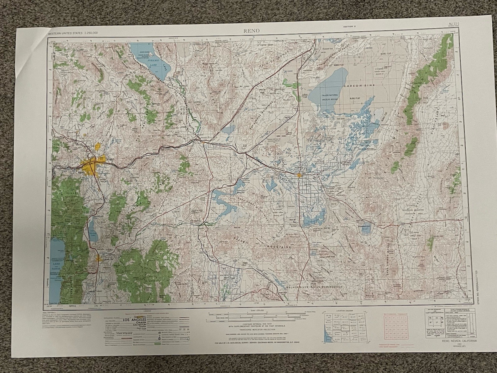Vintage USGS Reno Nevada California 1957 1971 1974 Topographic Map 1:250000
