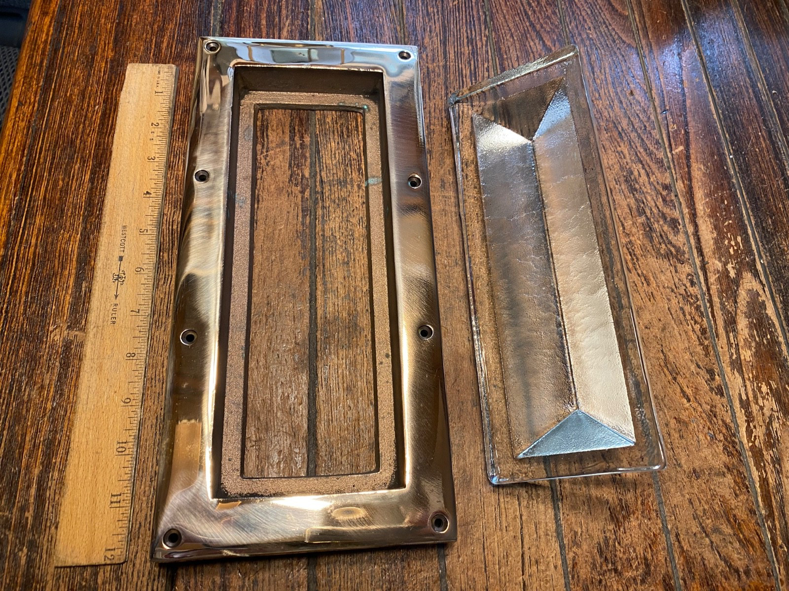 VINTAGE NOS CAST POLISHED BRONZE AND SOLID GLASS RECTANGULAR DECK PRISM 12 X 6