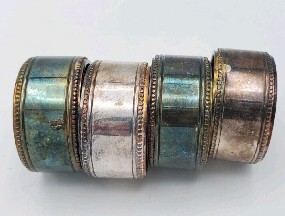 Williams Sonoma Silver Plated Napkin Rings Set of 4 Heavy Beaded Edge Unpolished
