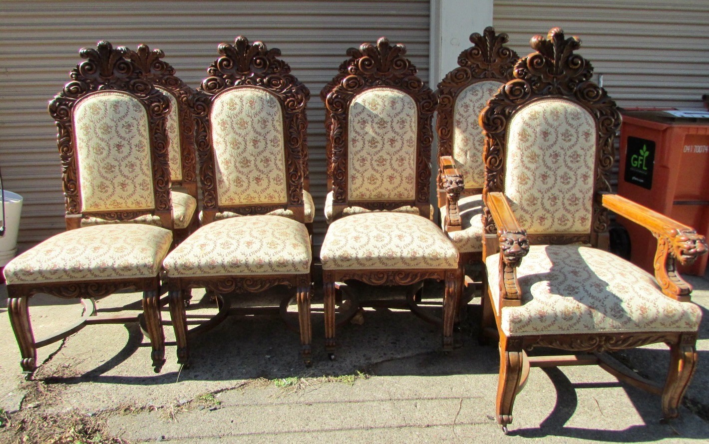 SET 8 ANTIQUE CARVED OAK DINING CHAIRS R J HORNER QUALITY SOLID EX. UPHOLSTERY