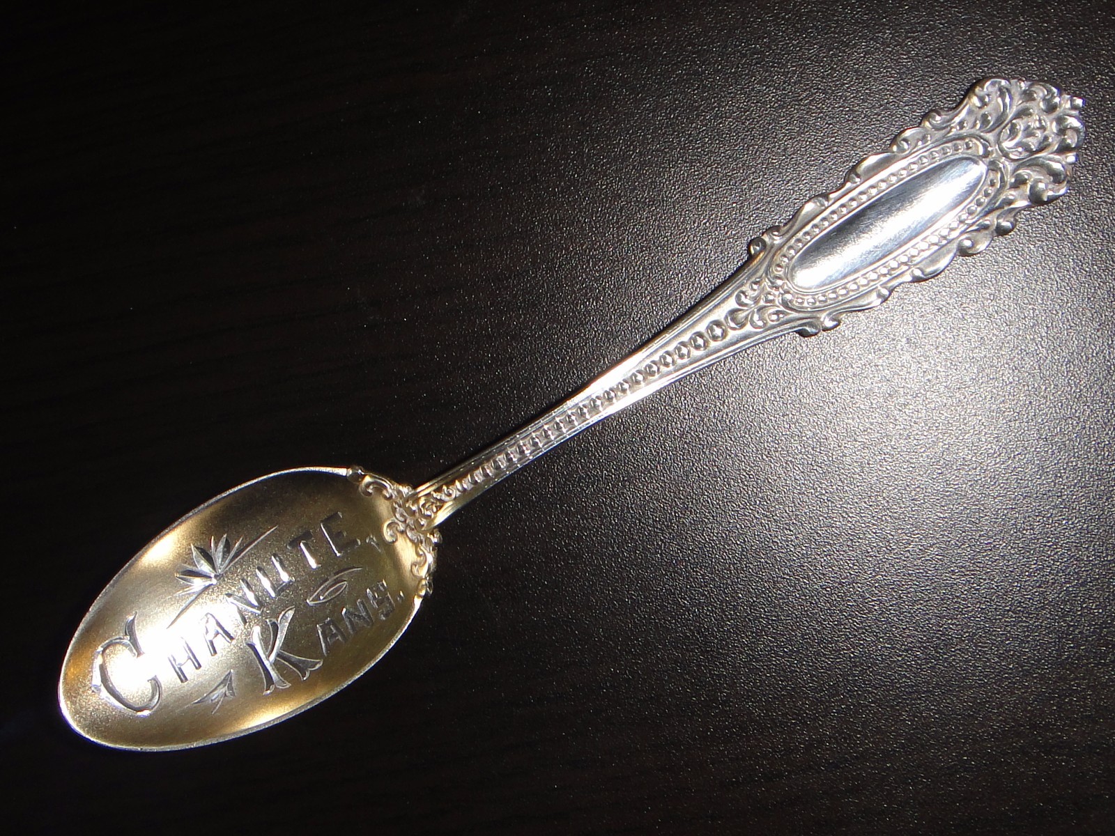 Antique 5″ Sterling Souvenir Spoon Goldwash Bowl with decorative “Chanute Kans”