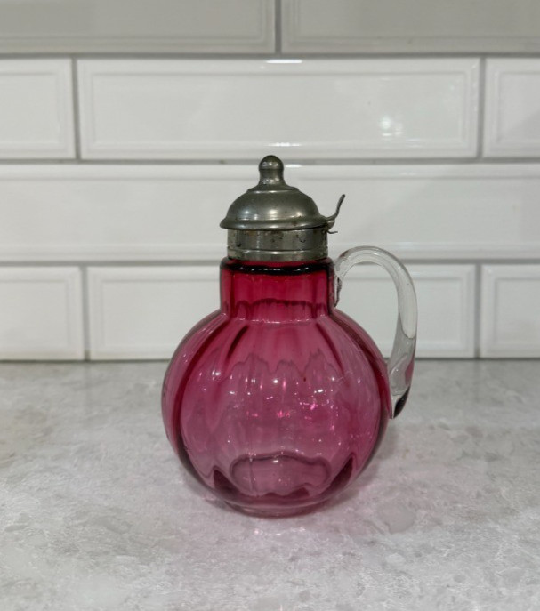**ANTIQUE** Cranberry glass syrup pitcher & pewter lid – BEAUTIFUL