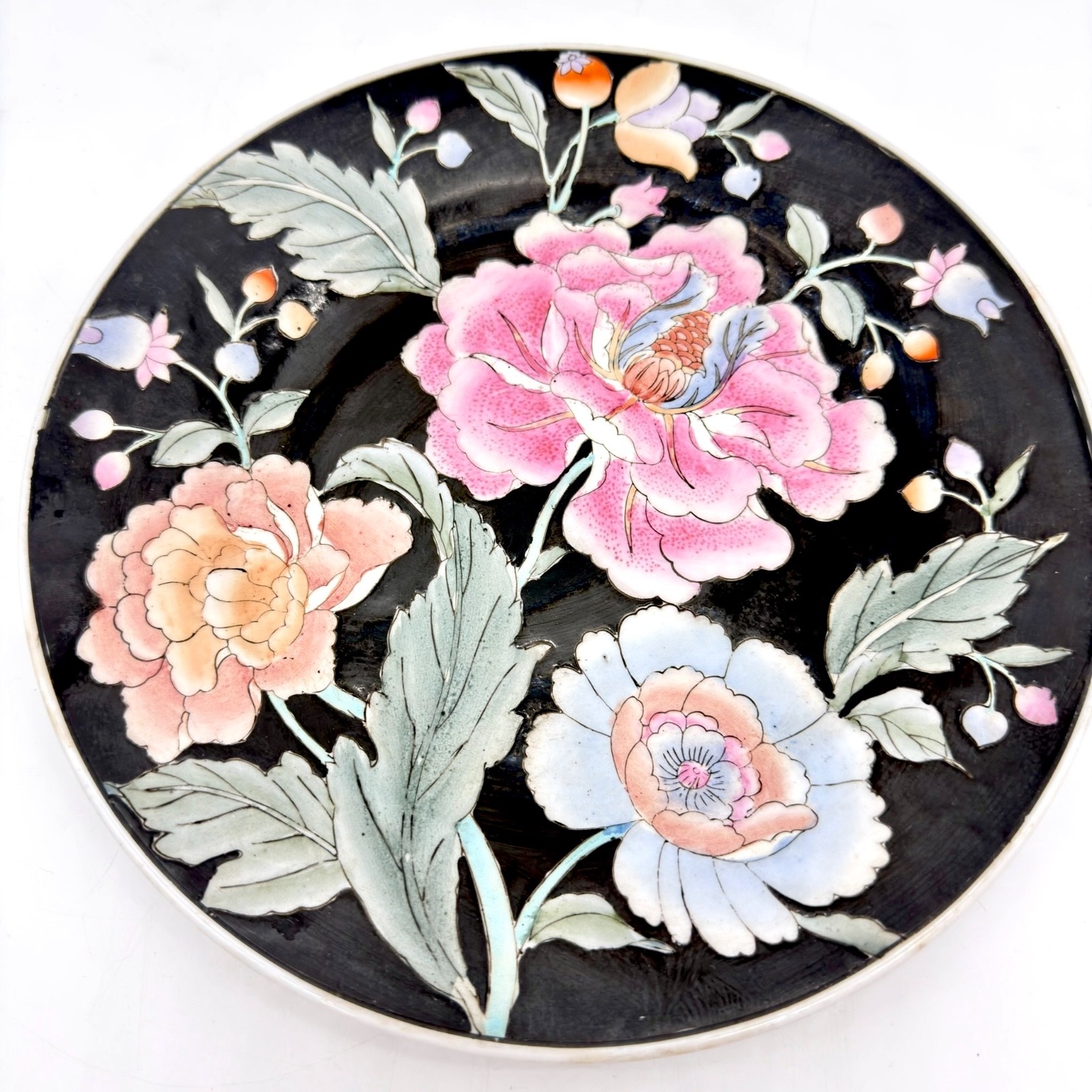 Vintage HFP Macau Enamel Porcelain Plate Famille Noire Peony Floral Wildwood 9″