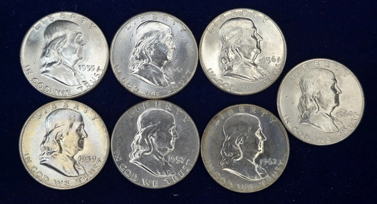 Lot of Five (5) Coins – Franklin Half DoIIar – 90% SiIver – $2.50 Face Value
