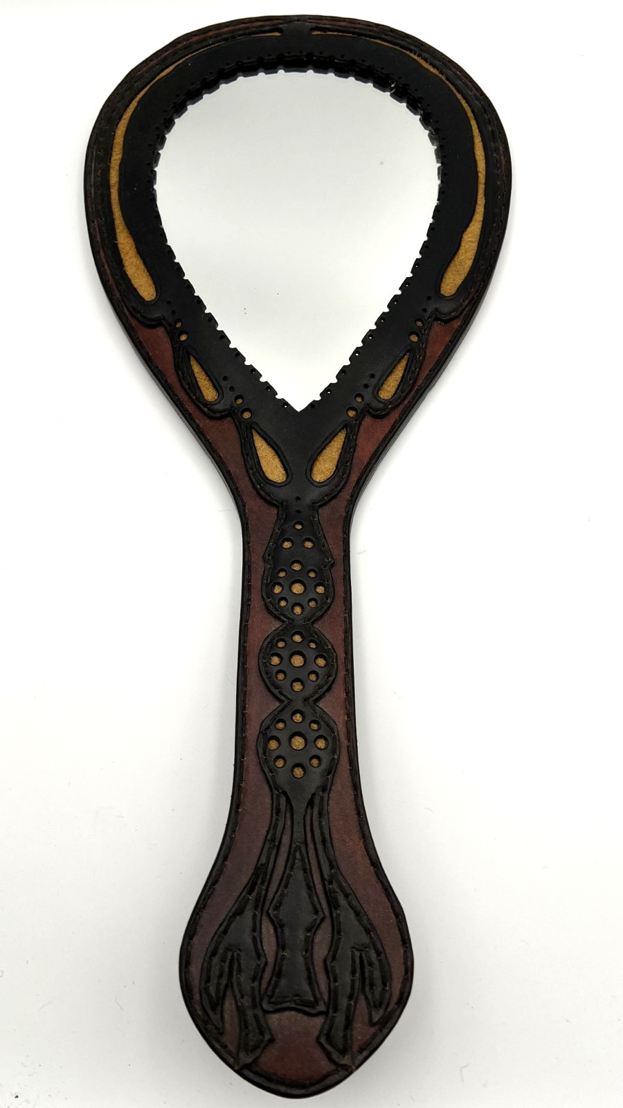 Signed Dated 1975 Hand Tooled Leather Artisan Mirror Numbered #42 Folk Art