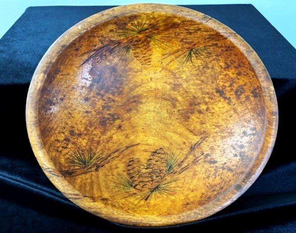 Antique Primitive Hand-Turned Etched Wood Bowl PINE CONES 11″ x 10″ x 2.5″