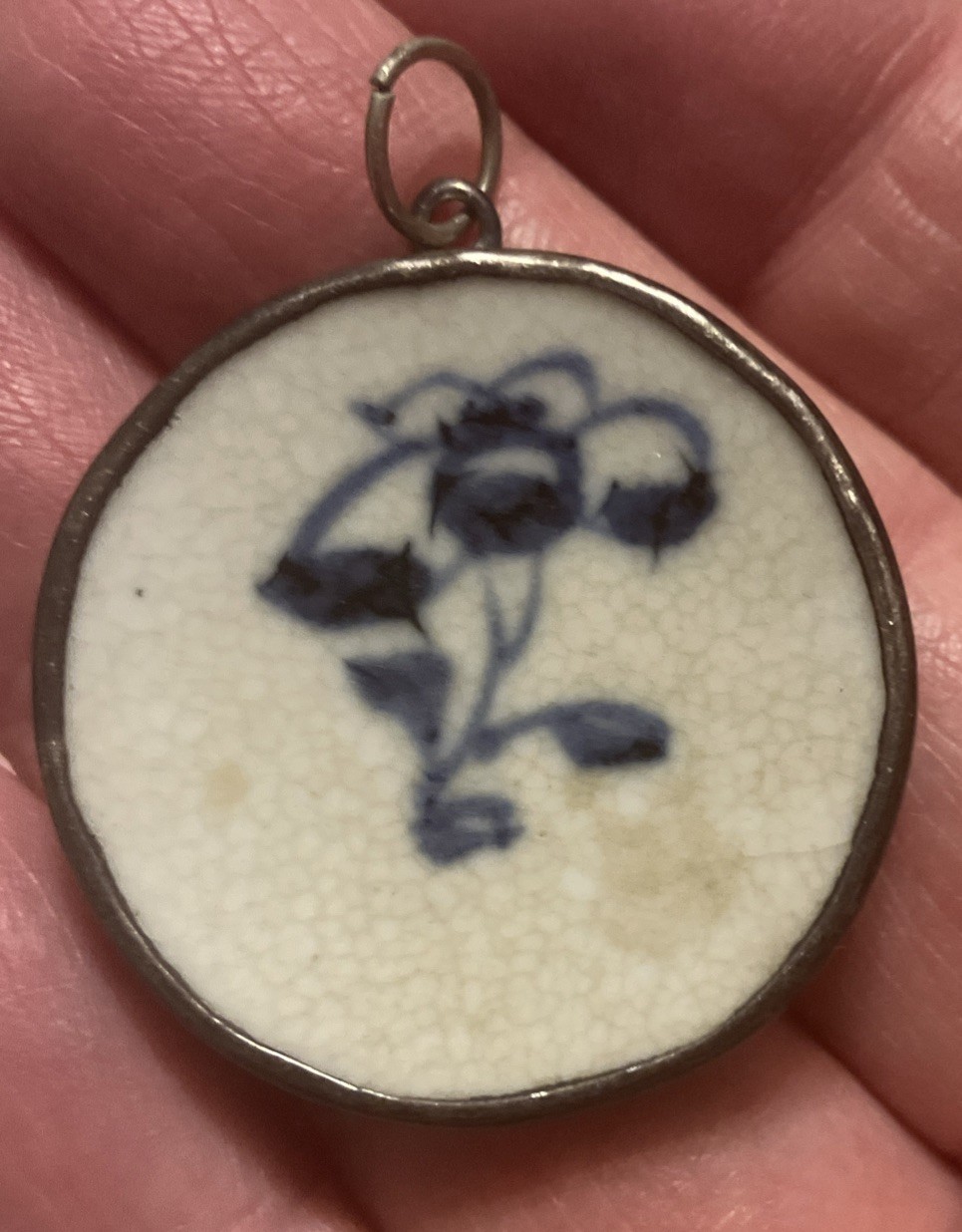 Antique Chinese Porcelain Pendant Porcelain Blue Silver Sterling Approx 1 3/8”in