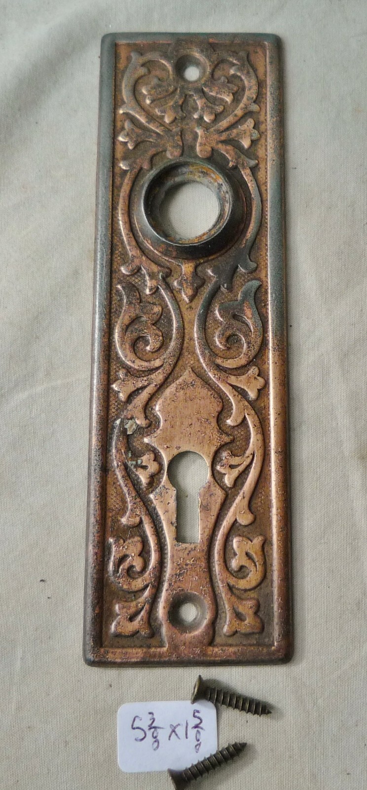 Door knob back plate (single) Eastlake 5 3/8″ x 1 5/8″ flashed copper plated