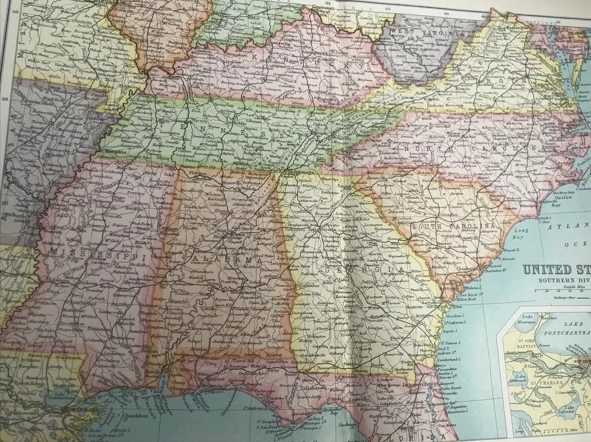 1910: Antique Map Of United States Southern Division Vintage Print #72 CS