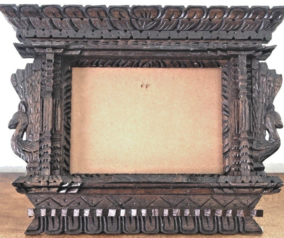 Antique East Asian Meiji Style Carved Wood Shrine Frame Birds c 1890-1920