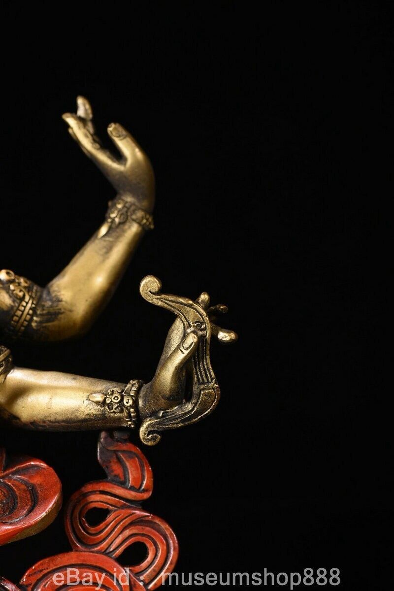 12″ Old Chinese Bronze Paintings Buddhism 3 Head 6 Arms Namgyalma Sculpture